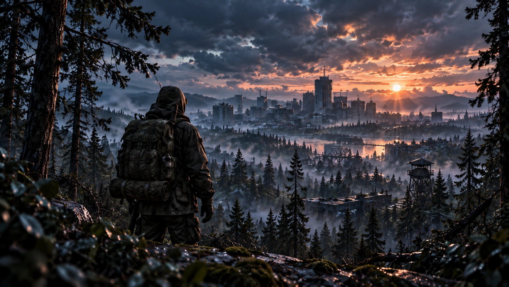 Survivor looking across a forest landscape