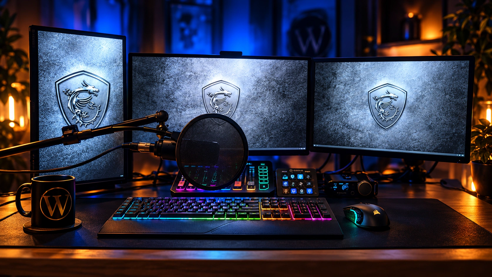 My three-monitor streaming setup with microphone and branded mug
